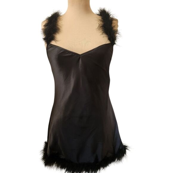 DOLLS KILL🔖NWT! TRICKZ N' TREATZ Black Satin Marabou Trimmed Slip Dress - Picture 3 of 11